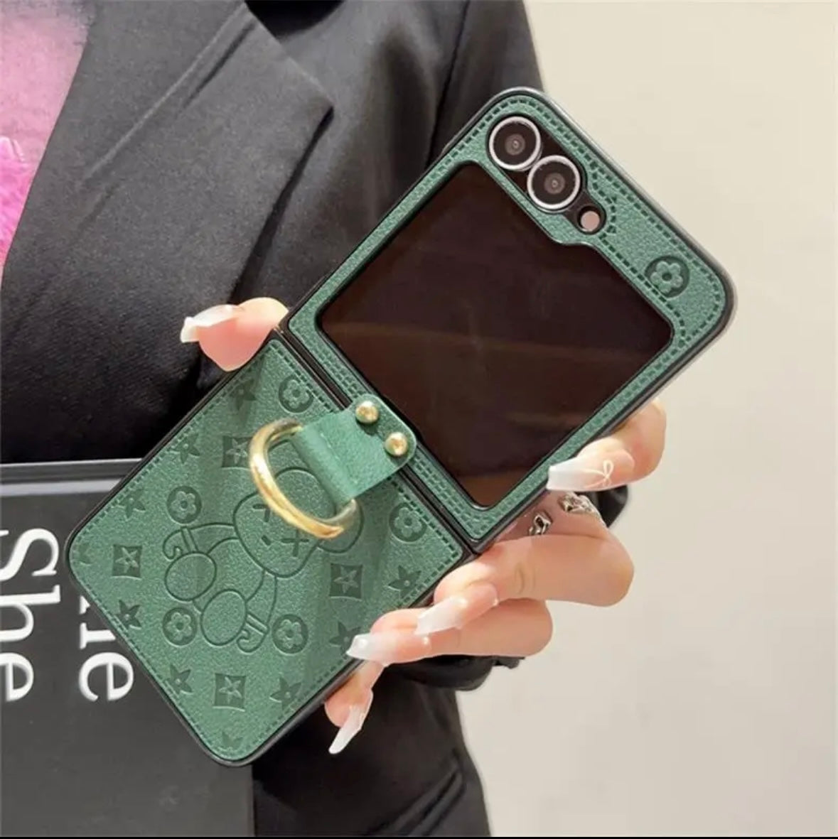 "حافظة هاتف محمول جلدية قابلة للطي من سلسلة Samsung Z Flip مضادة للسقوط، مع تصميم إبزيم على شكل حلقة الإصبع"