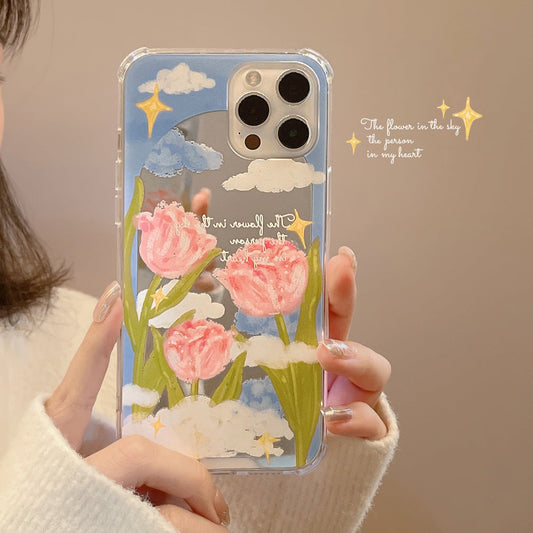 ins Literary Tulip iphone17 Apple 16 Mobile Phone Case 15Promax Silicone 11 Makeup Mirror X Applicable