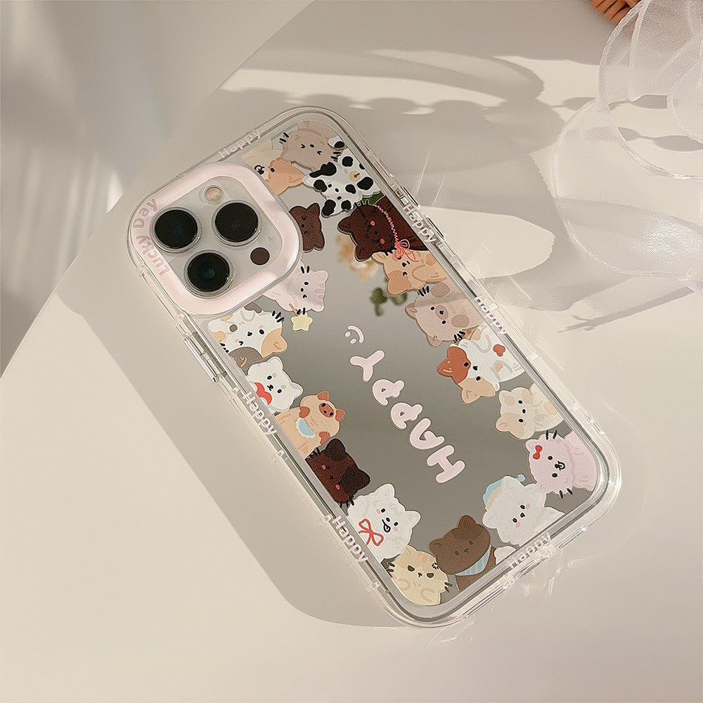 Mirror ins cute cat suitable for 16Pro Max Apple 15 mobile phone case iPhone17 Korean 12 lanyard 11
