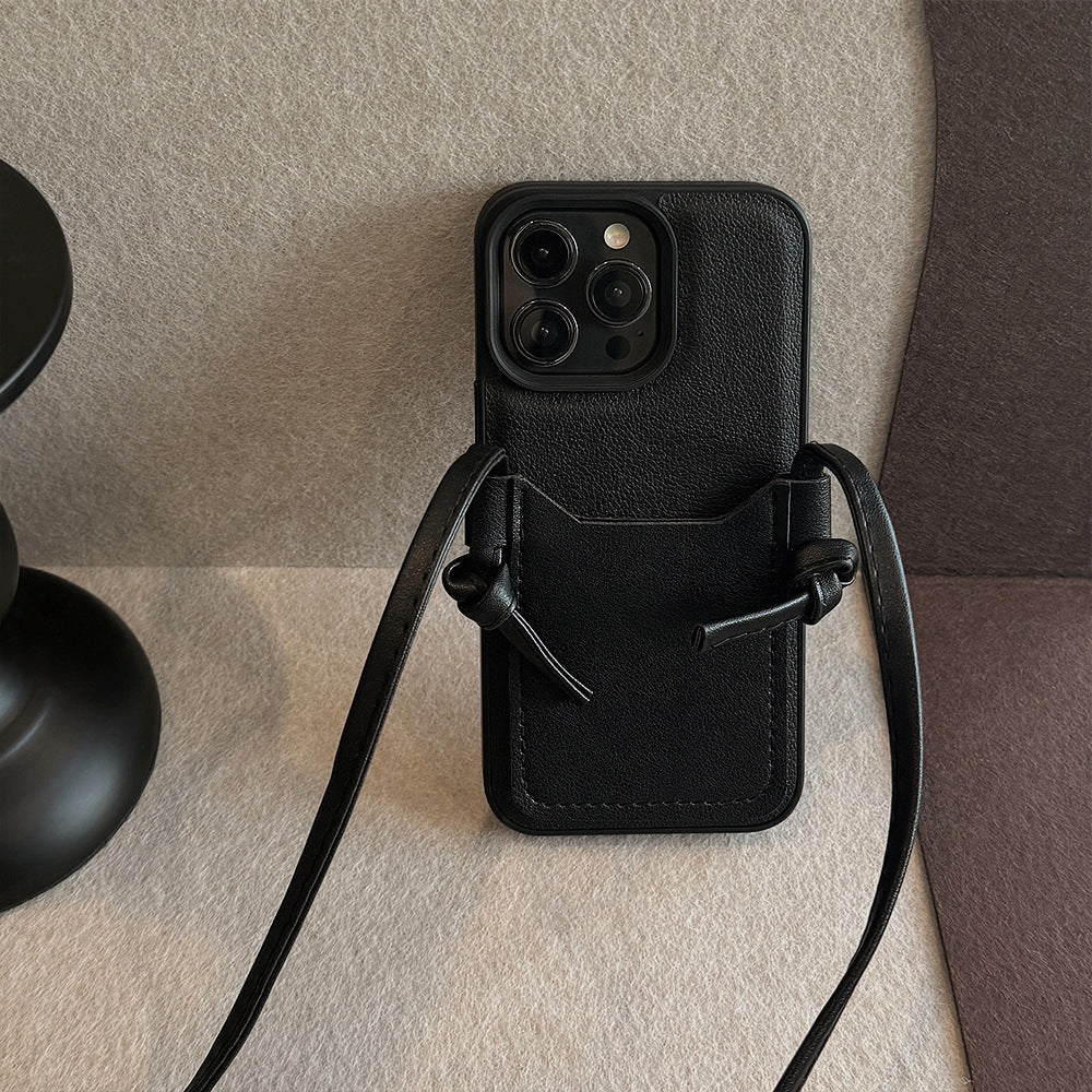 Black DIY puppy oblique span card bag for iPhone 16 mobile phone case iPhone17Pro max Internet celebrity 13 leather 15