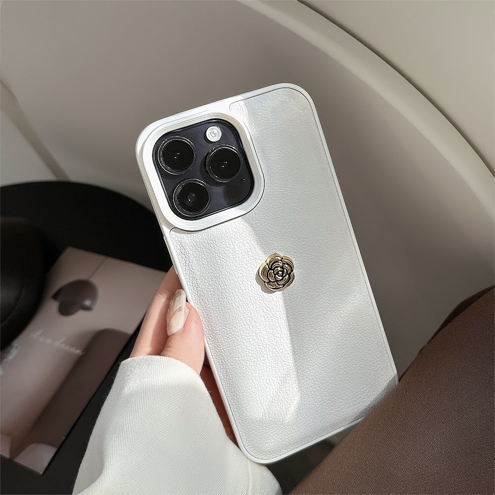 Light luxury camellia for Apple 16 mobile phone case iPhone17promax solid color lychee pattern 11 autumn and winter 13 hard