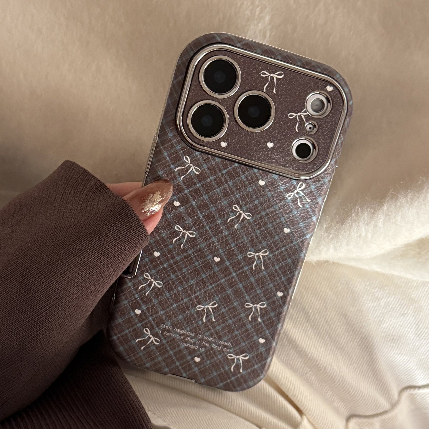 Applicable to Apple 17promax mobile phone case iphone16 leather plaid bow 15 retro 13 soft 12 all-inclusive