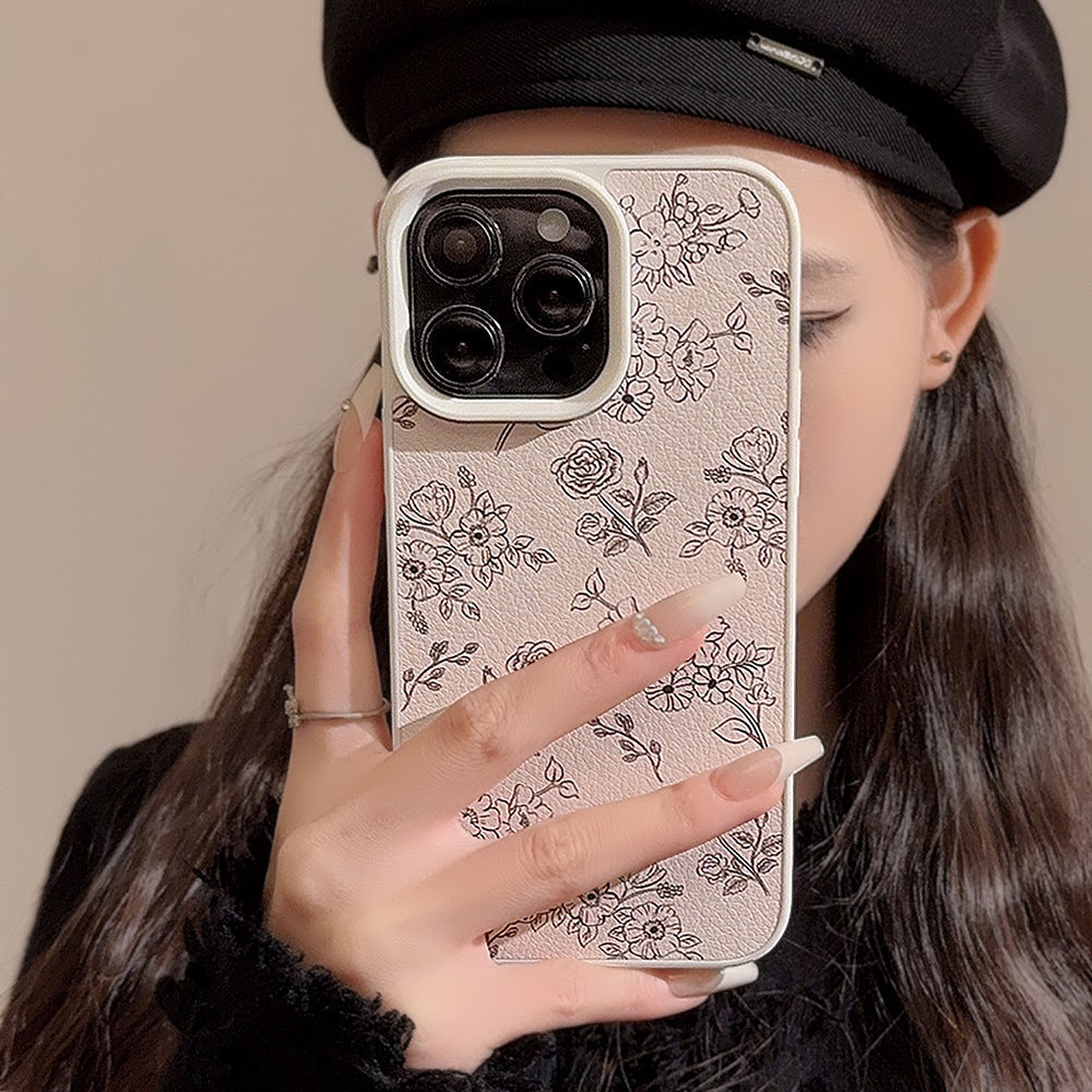 Literary lines rose iPhone16 mobile phone case Apple 15 leather 11 suitable for 13 anti-drop 17promax big brands