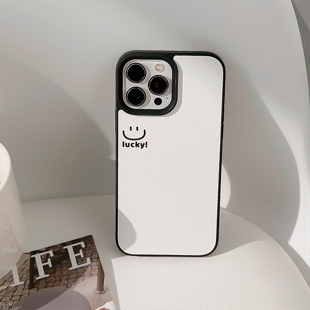 ins smiley face Apple mobile phone case 17pro max lambskin 11 is suitable for iPhone16, simple personality 15 anti-drop.