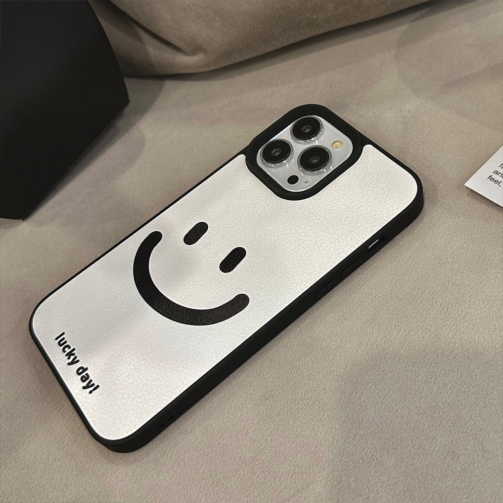 Minimal cure smiley face Apple phone case 17promax leather pattern 11 suitable for iPhone16 advanced sense 15 anti-drop