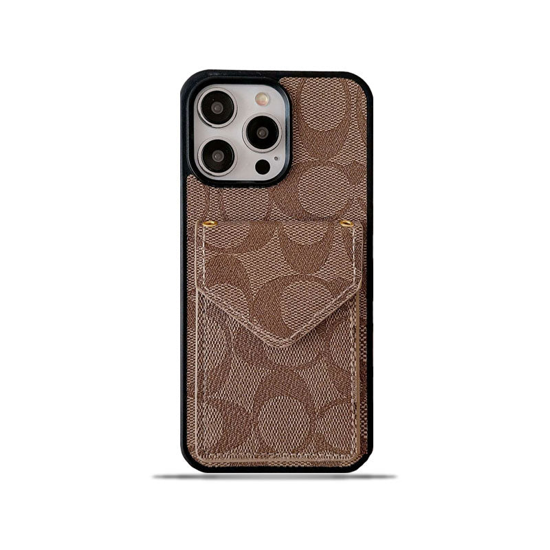Klasické pouzdro na iPhone s držákem karty a popruhem světle hnědé -SJ240513