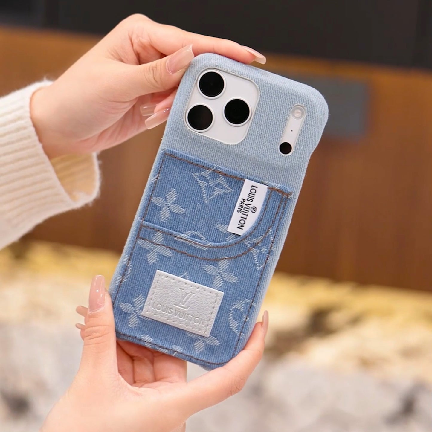 IPhone-etui i denimstof med indbygget kortholder