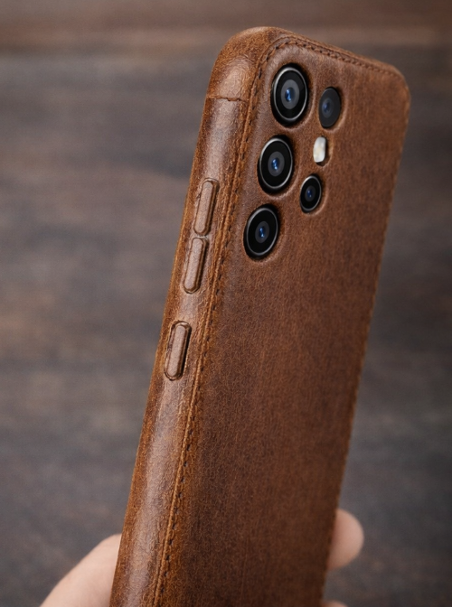 Håndlaget Samsung-veske i grønnsaksgarvet skinn – Vintage Patina Edition