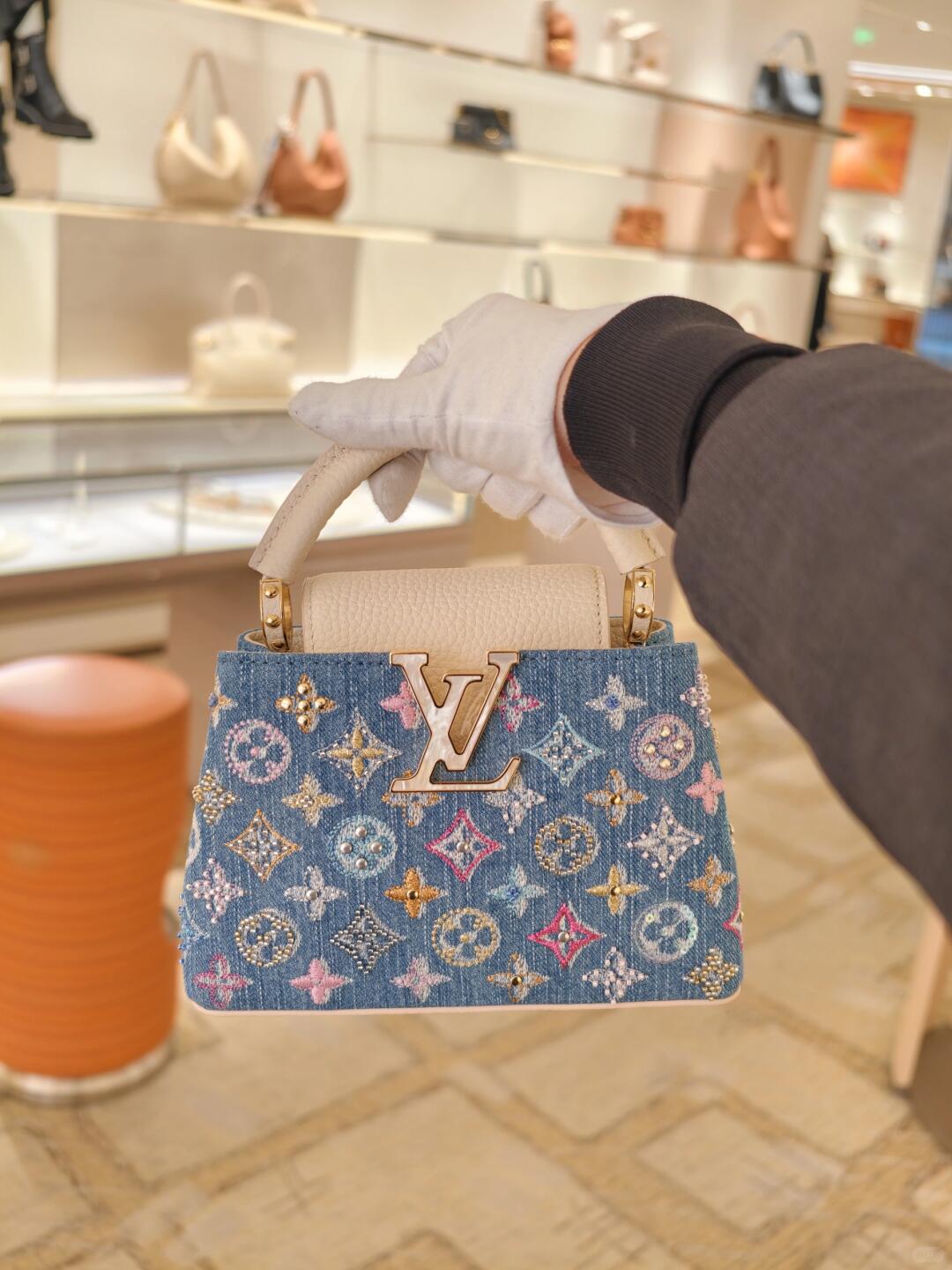 Luxury Denim Embellished Capucines Mini Bag
