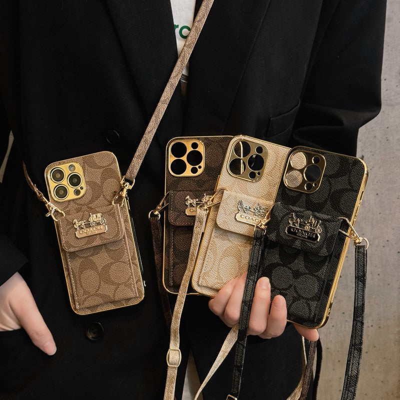 Klasické puzdro na karty s koženou retiazkou na iPhone