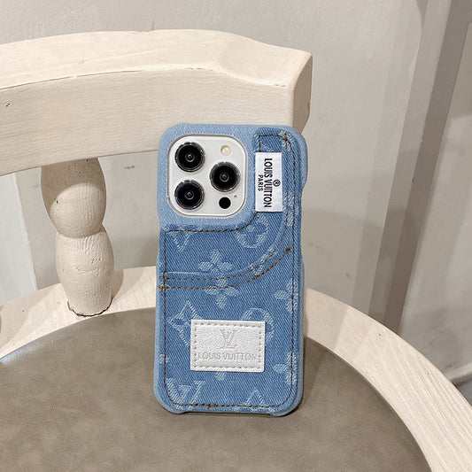 Husă pentru iPhone din stofă denim cu suport pentru carduri încorporat
