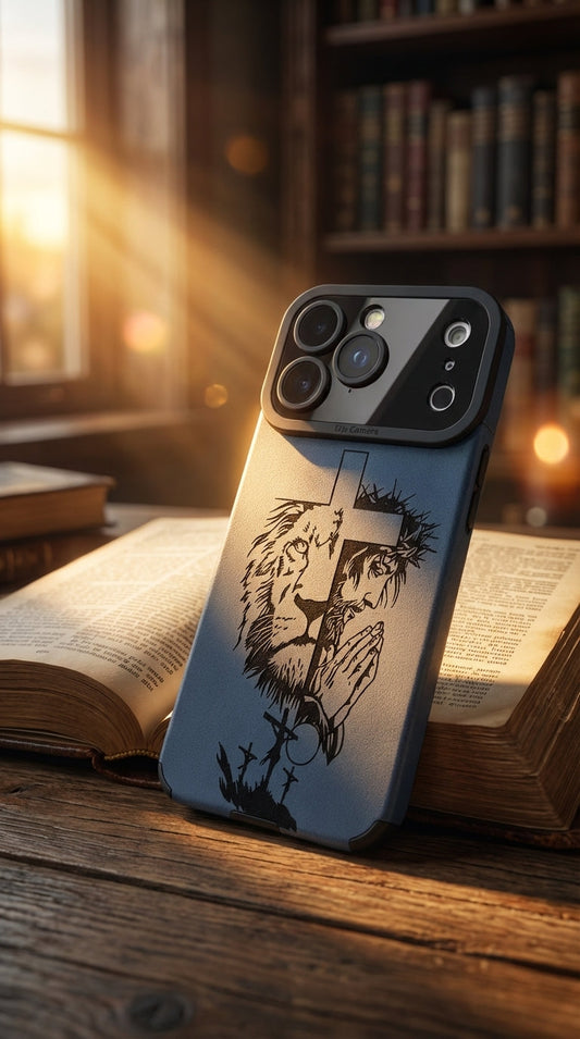 Geloof & Kracht Gegraveerd iPhone-hoesje – Leeuw & Gebedskruisontwerp