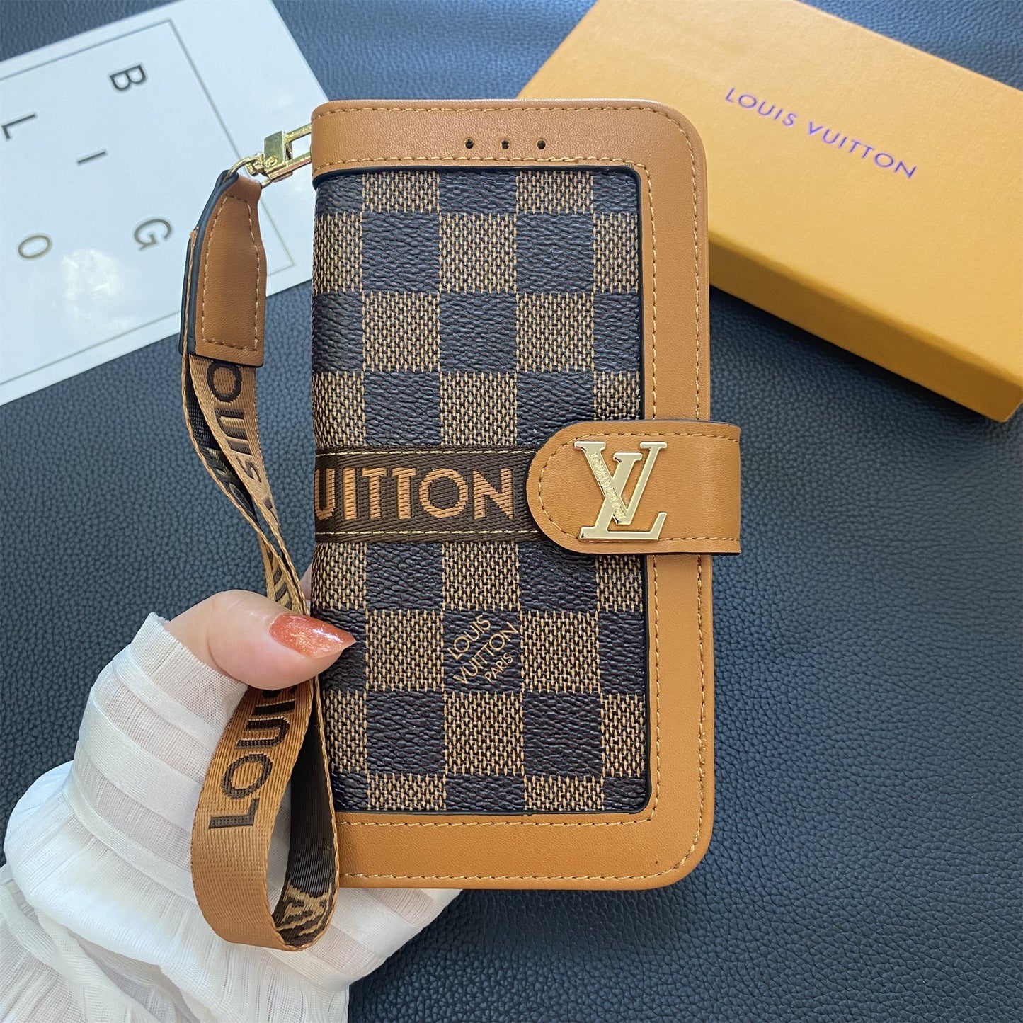 Monogram Leathar Fíor Préimhe Sealbhóir Cárta Sparán Canbhás Samsung Réaltra
