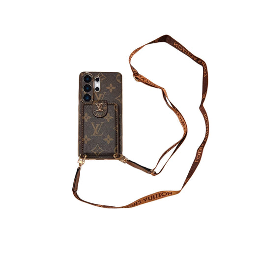 Husă de lux pentru telefon cu monogramă, cu buzunar pentru card și curea de umăr