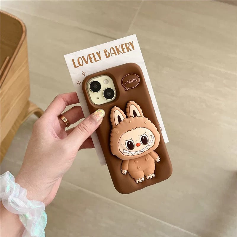 Leuke cartoon Labubu Zimomo siliconen met standaard | Bruin/roze - iPhone-hoesje