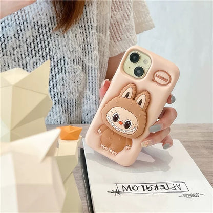Leuke cartoon Labubu Zimomo siliconen met standaard | Bruin/roze - iPhone-hoesje