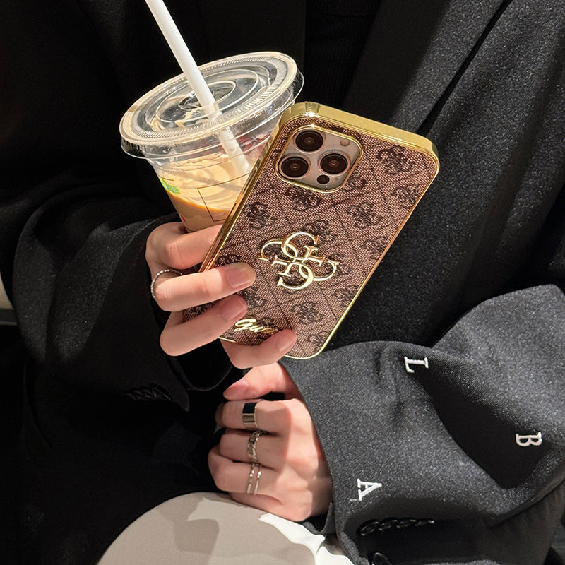 Funda de cuero para iPhone con logo dorado de Gue