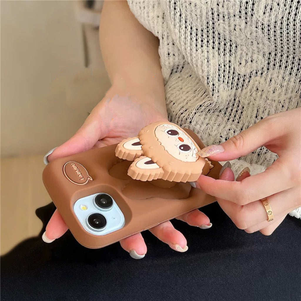 Leuke cartoon Labubu Zimomo siliconen met standaard | Bruin/roze - iPhone-hoesje
