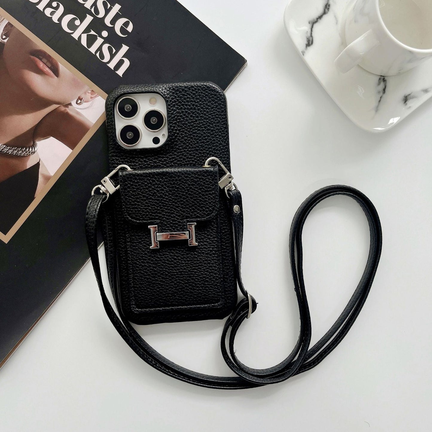 Custodia per iPhone con catena in pelle porta carte H