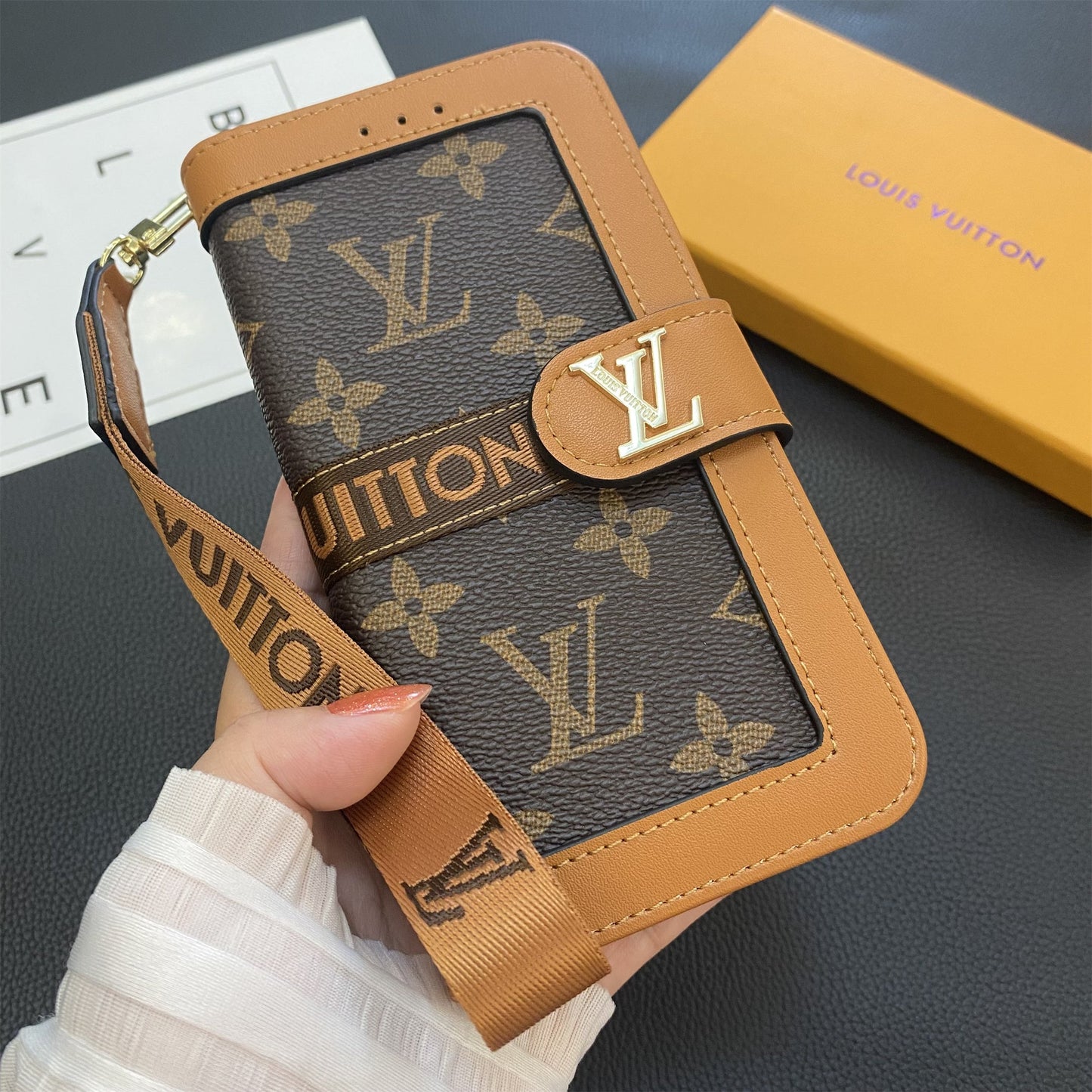 Monogram Leathar Fíor Préimhe Sealbhóir Cárta Sparán Canbhás Samsung Réaltra