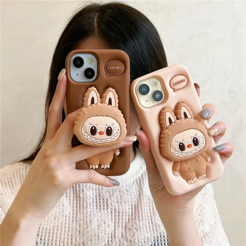 Leuke cartoon Labubu Zimomo siliconen met standaard | Bruin/roze - iPhone-hoesje