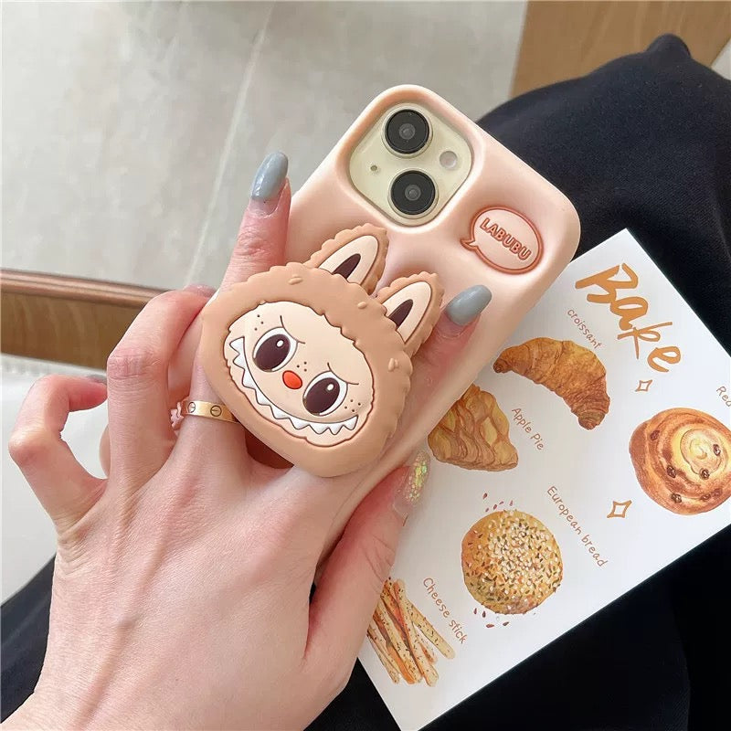 Leuke cartoon Labubu Zimomo siliconen met standaard | Bruin/roze - iPhone-hoesje