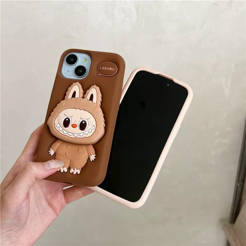 Leuke cartoon Labubu Zimomo siliconen met standaard | Bruin/roze - iPhone-hoesje