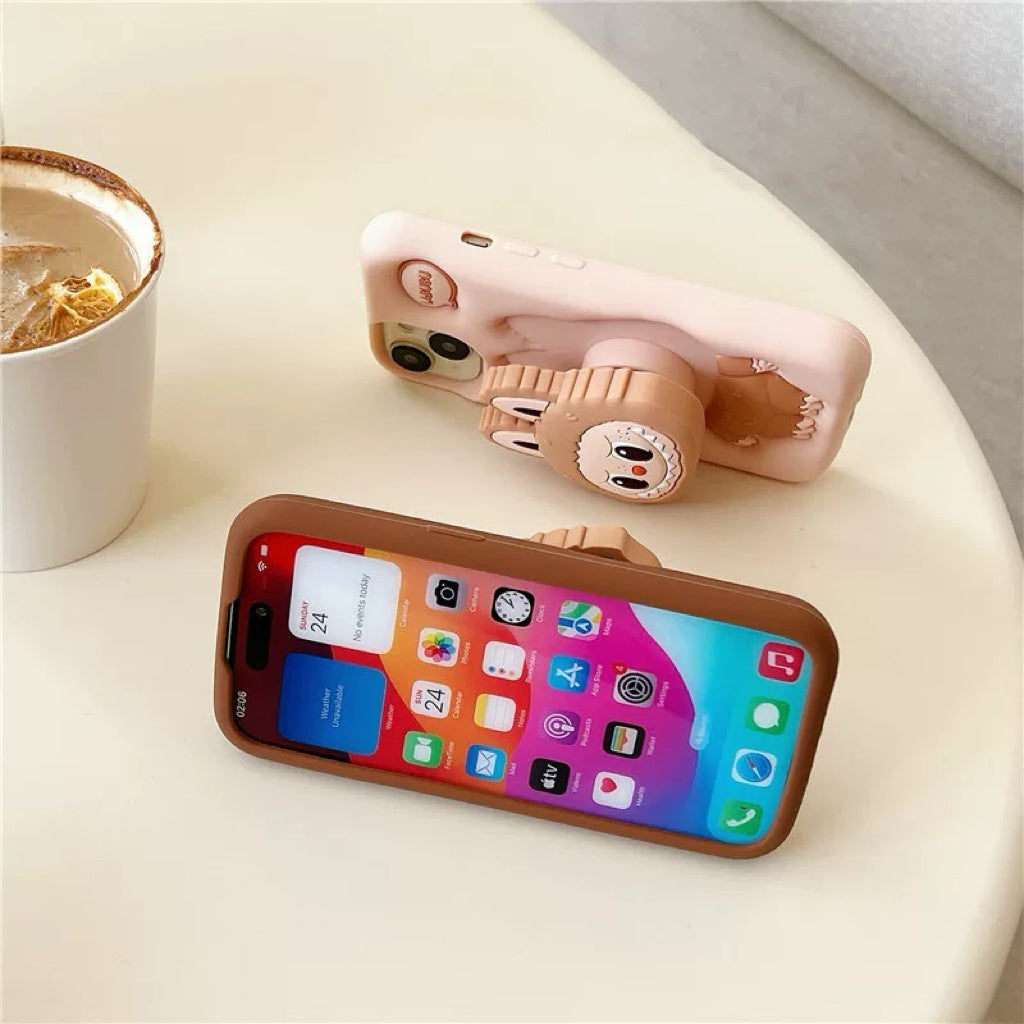 Leuke cartoon Labubu Zimomo siliconen met standaard | Bruin/roze - iPhone-hoesje