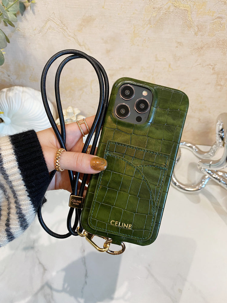 Alligator Print Celine iPhone-kotelo, jossa korttipidike ja hihna vihreä -EYP241415