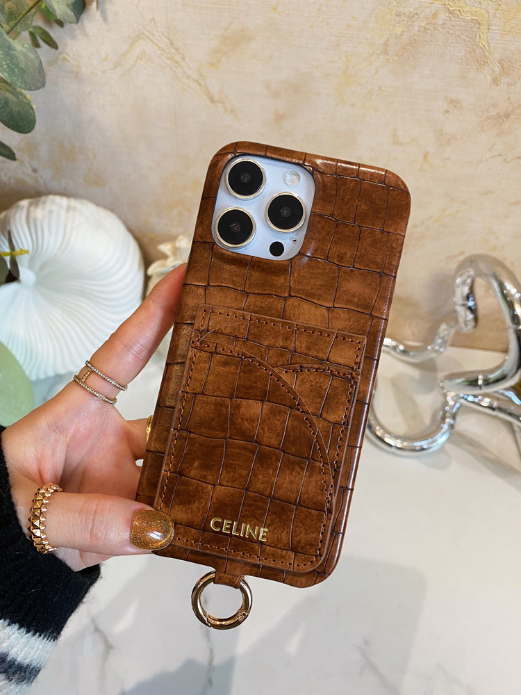 Alligator Print Celine iPhone-kotelo korttitelineellä ja ruskealla hihnalla -EYP241415