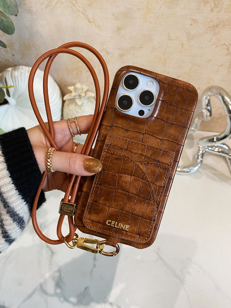 Alligator Print Celine iPhone-kotelo korttitelineellä ja ruskealla hihnalla -EYP241415