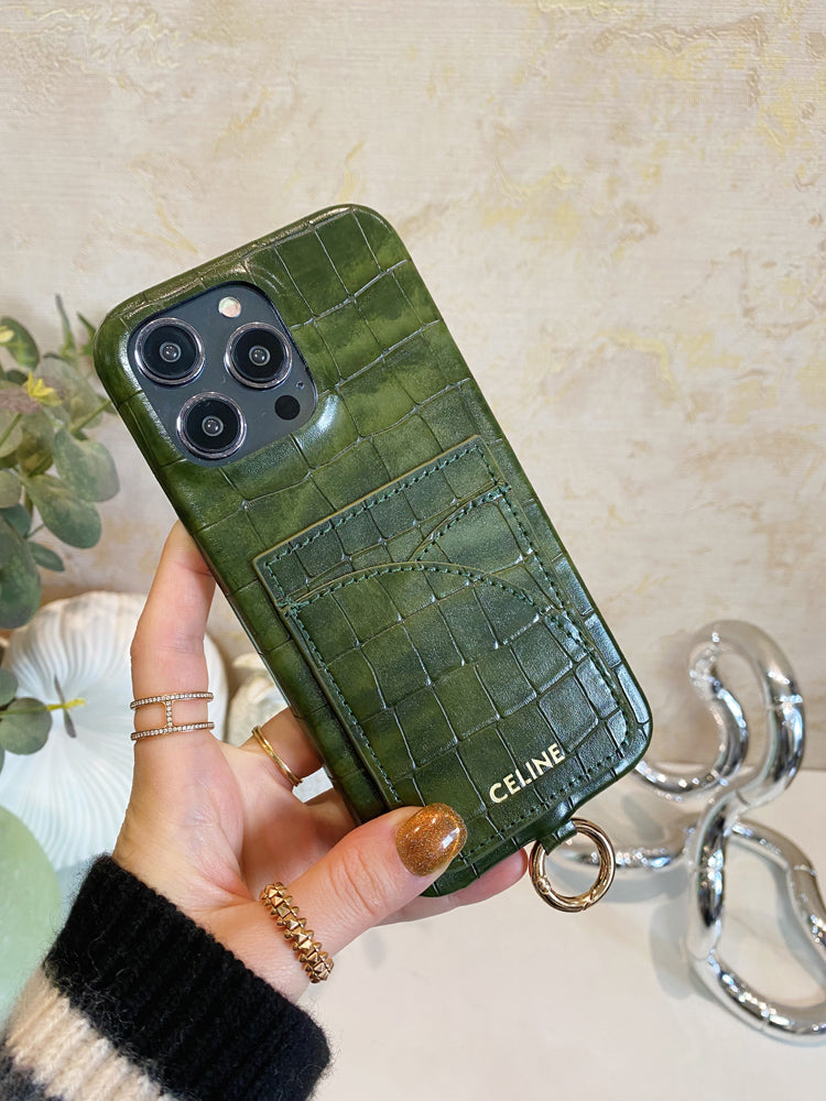Alligator Print Celine iPhone-kotelo, jossa korttipidike ja hihna vihreä -EYP241415