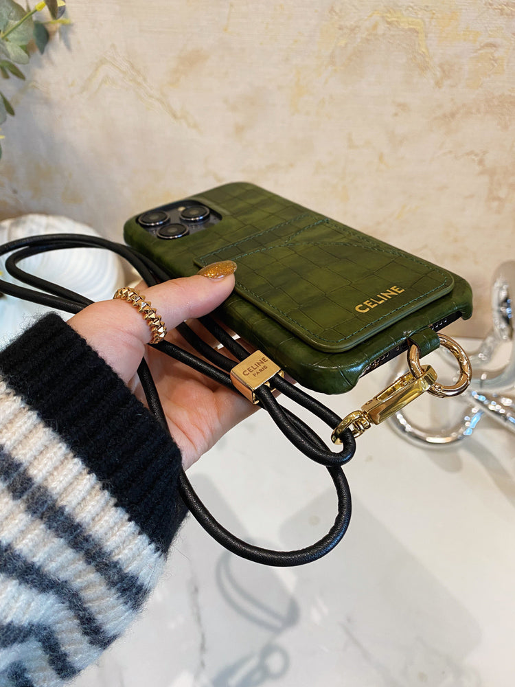 Alligator Print Celine iPhone-kotelo, jossa korttipidike ja hihna vihreä -EYP241415