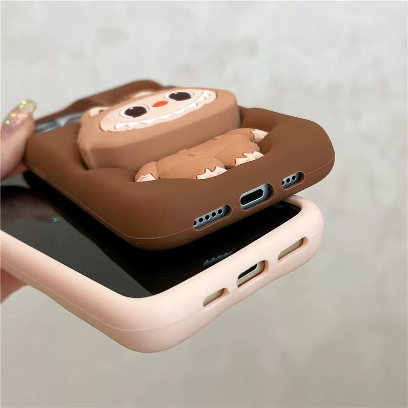 Leuke cartoon Labubu Zimomo siliconen met standaard | Bruin/roze - iPhone-hoesje