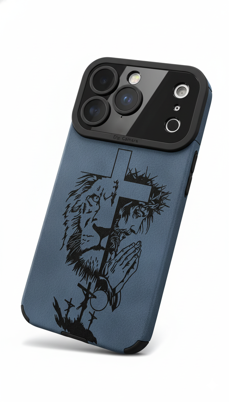 Geloof & Kracht Gegraveerd iPhone-hoesje – Leeuw & Gebedskruisontwerp
