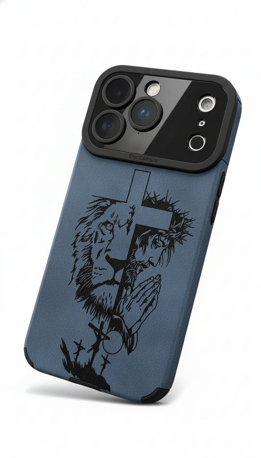 Geloof & Kracht Gegraveerd iPhone-hoesje – Leeuw & Gebedskruisontwerp