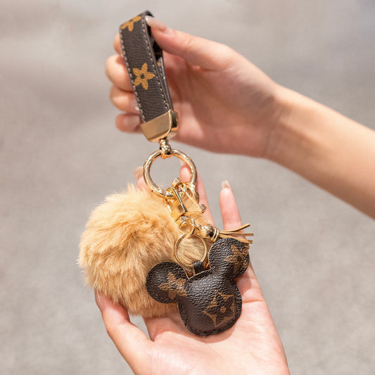Luxuriöser Mickey-Schlüsselanhänger – Kunstleder & Fellbommel-Anhänger für Handtasche oder Auto