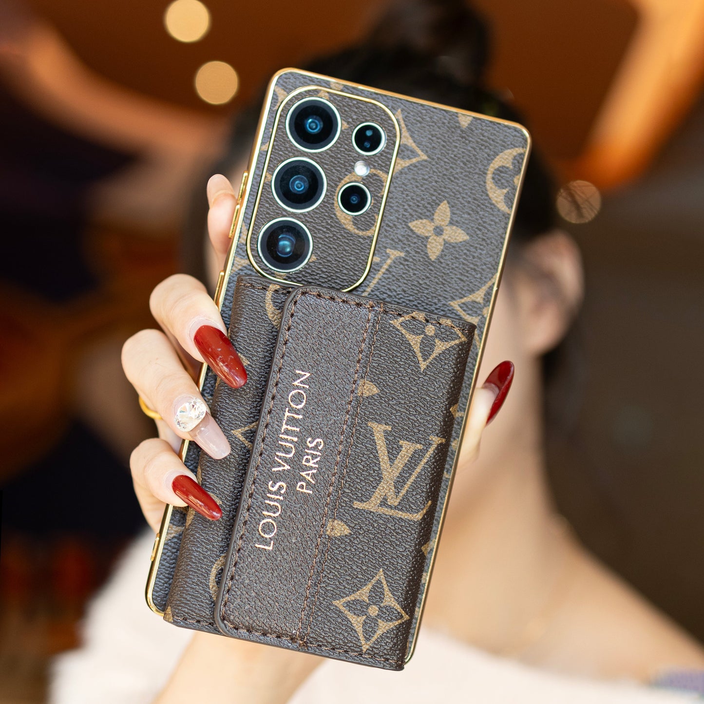 Cás Fón Ard Leathar Samsung le Sparán agus Strap.