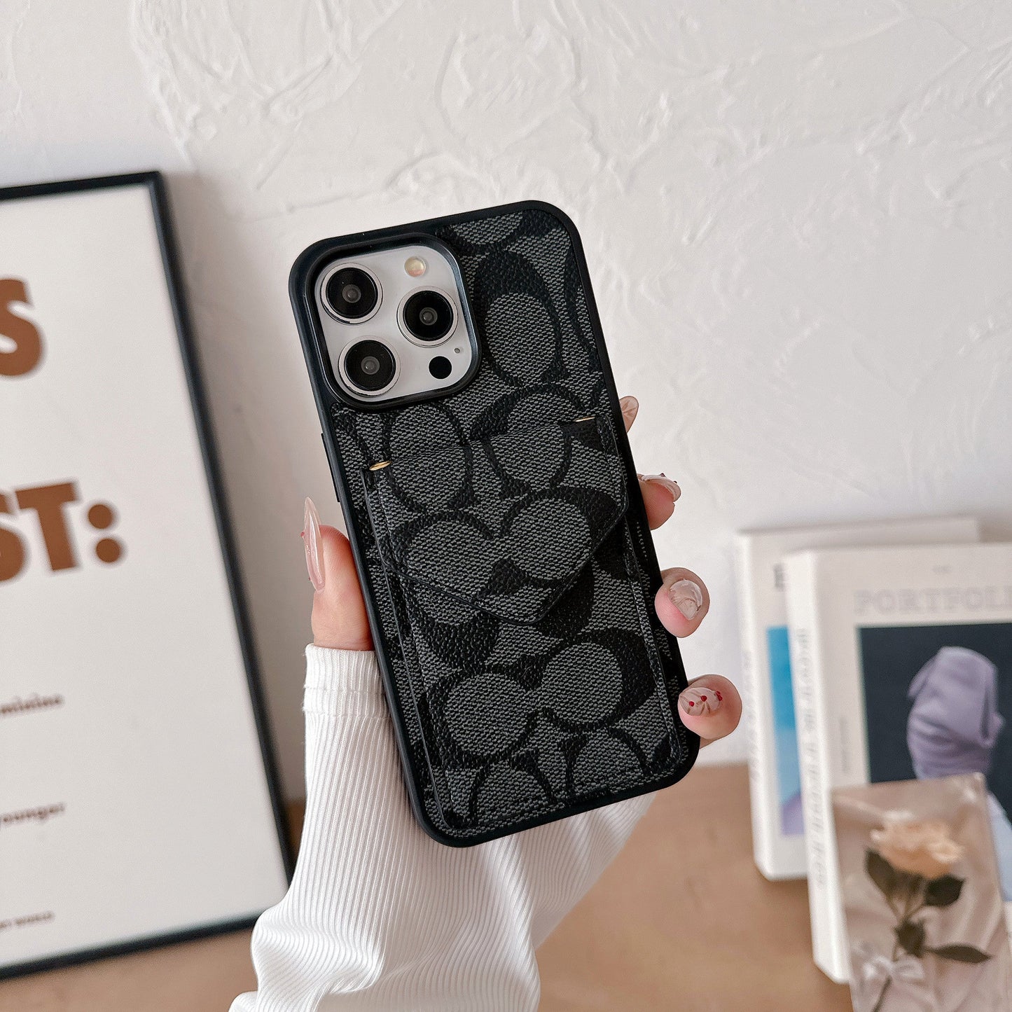 Klasické pouzdro na iPhone s držákem karty a popruhem světle černé -SJ240513