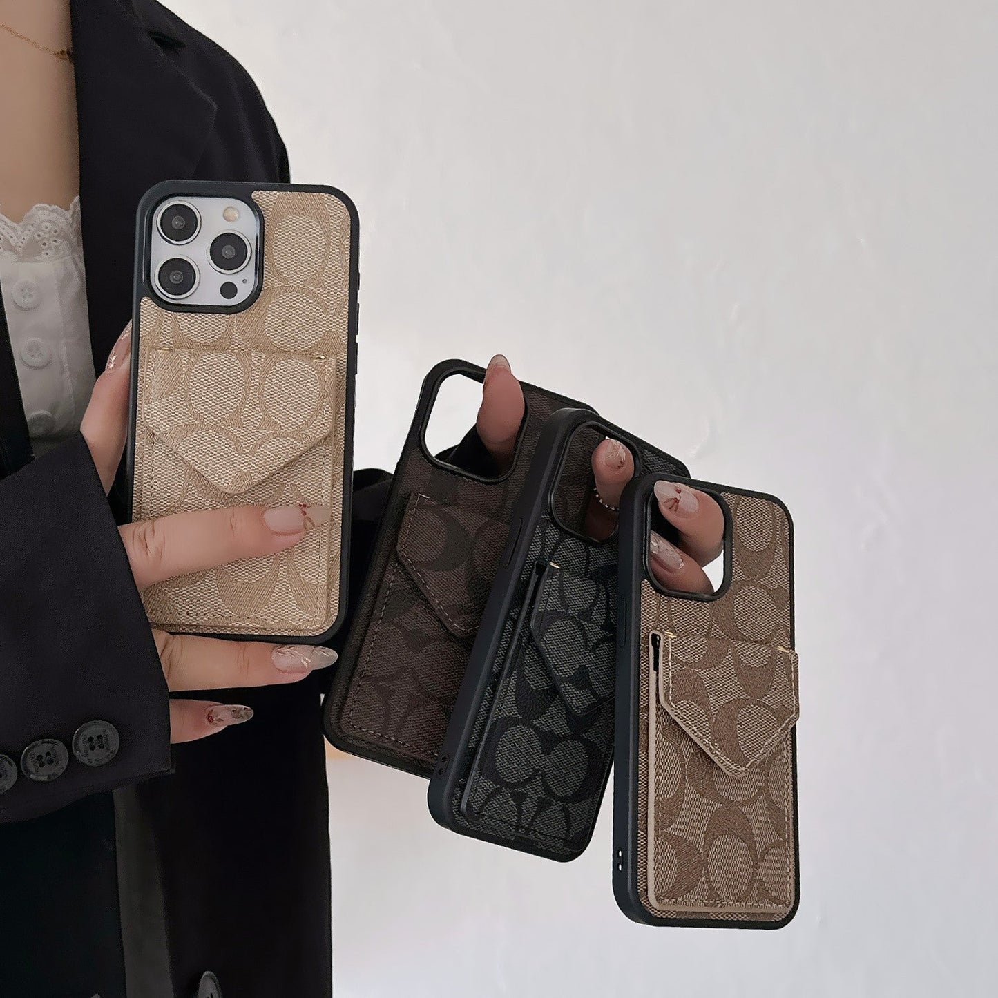 Klasické pouzdro na iPhone s držákem karty a popruhem světle černé -SJ240513