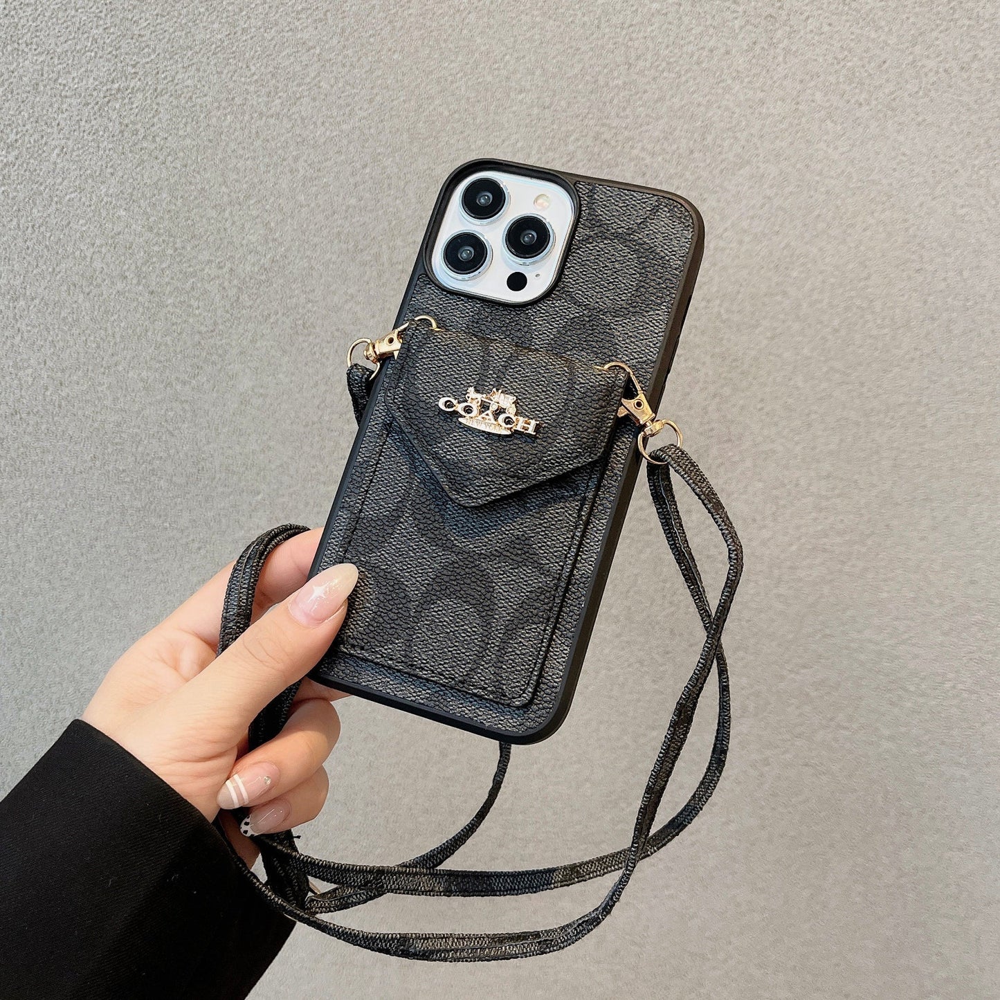 Klasické pouzdro na iPhone s držákem karty a popruhem světle černé -SJ240513