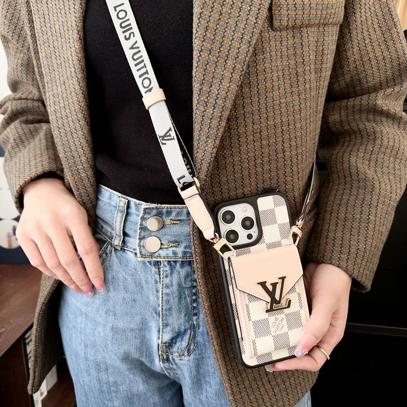 Bolsa de cartão de luxo capa para iPhone com corrente de cinco cores