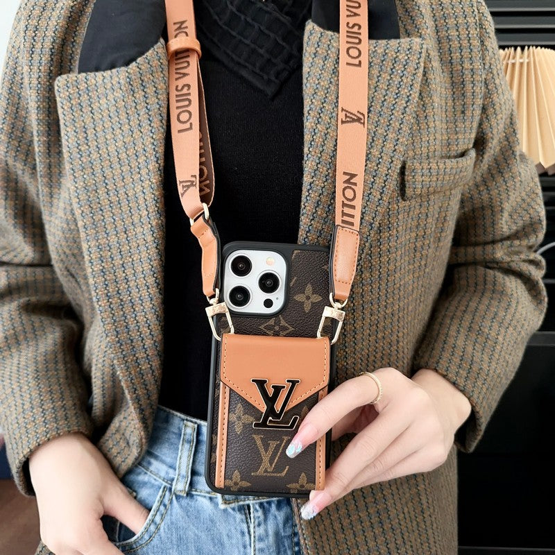 Bolsa de cartão de luxo capa para iPhone com corrente de cinco cores