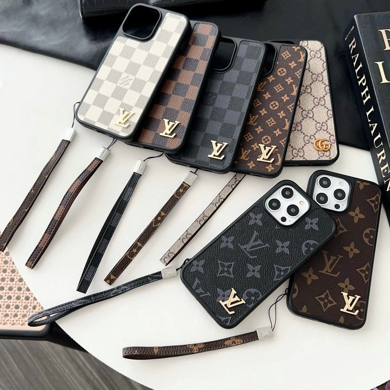 Custodia per iPhone classica di lusso con catena marrone a mano