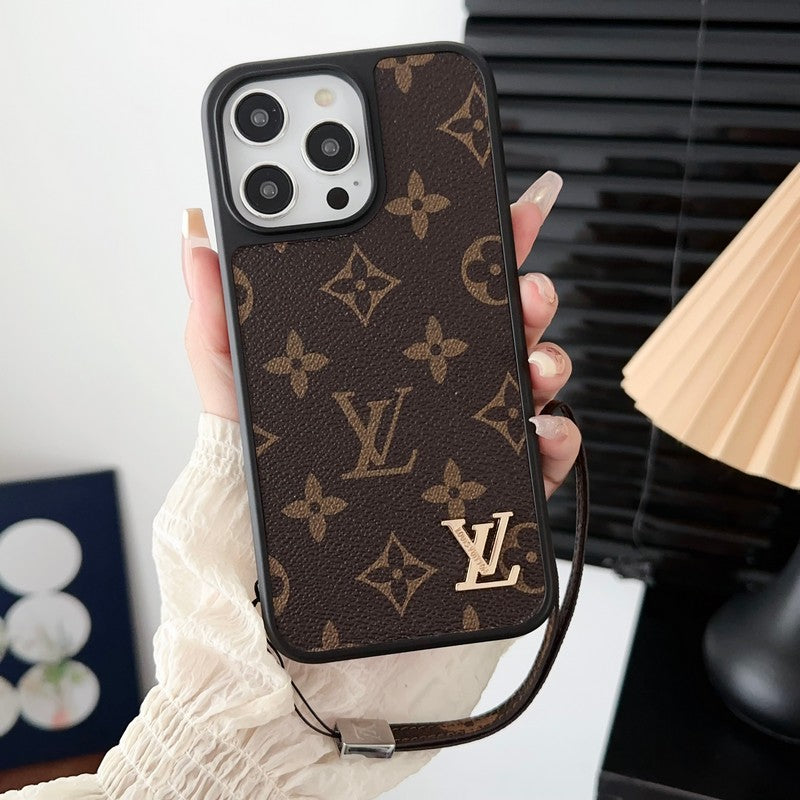 Custodia per iPhone classica di lusso con catena marrone a mano
