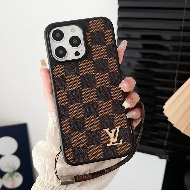 Custodia per iPhone classica di lusso con catena marrone a mano
