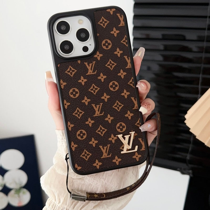 Custodia per iPhone classica di lusso con catena marrone a mano