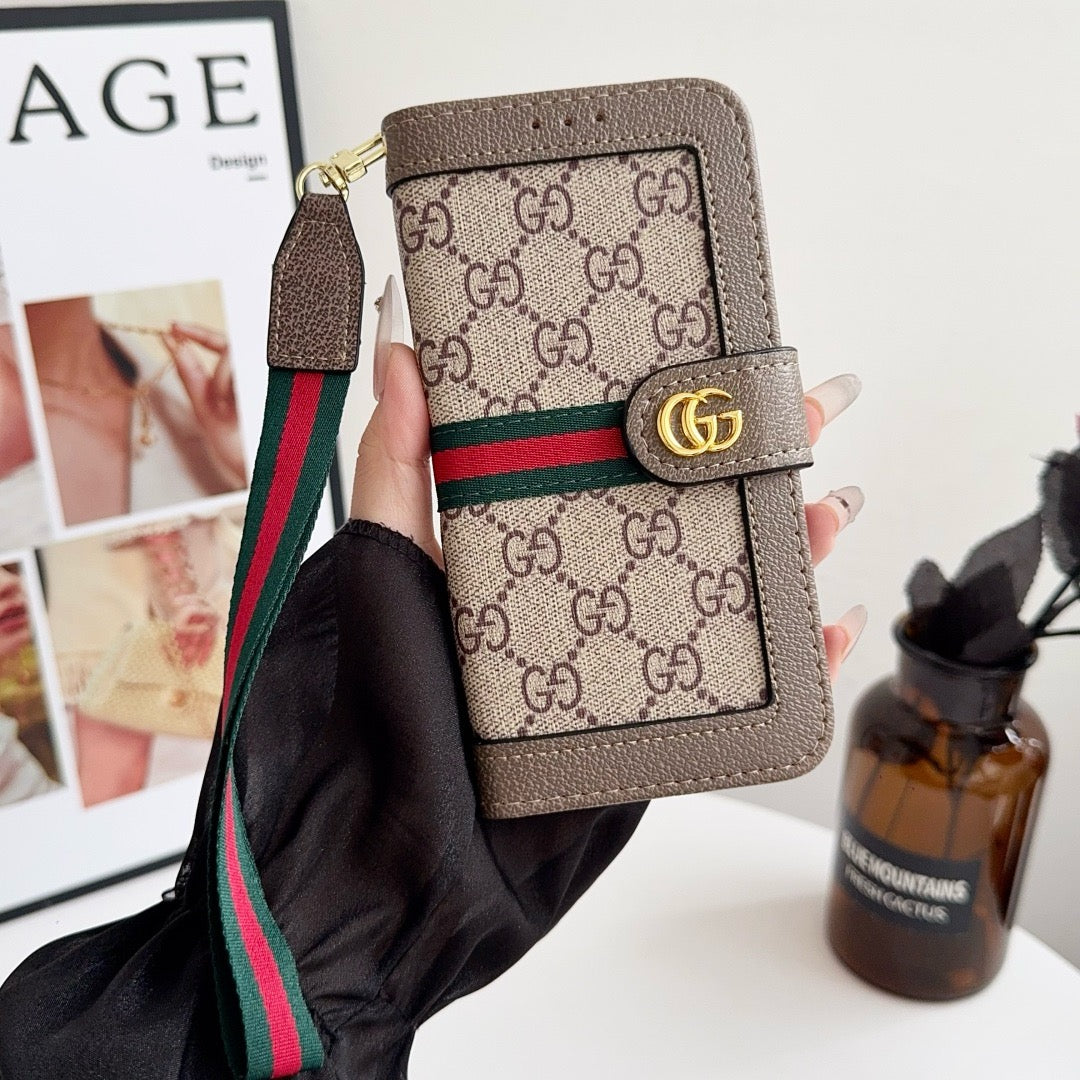 Custodia per iPhone di lusso con motivo a portafoglio con porta carte e cinturino