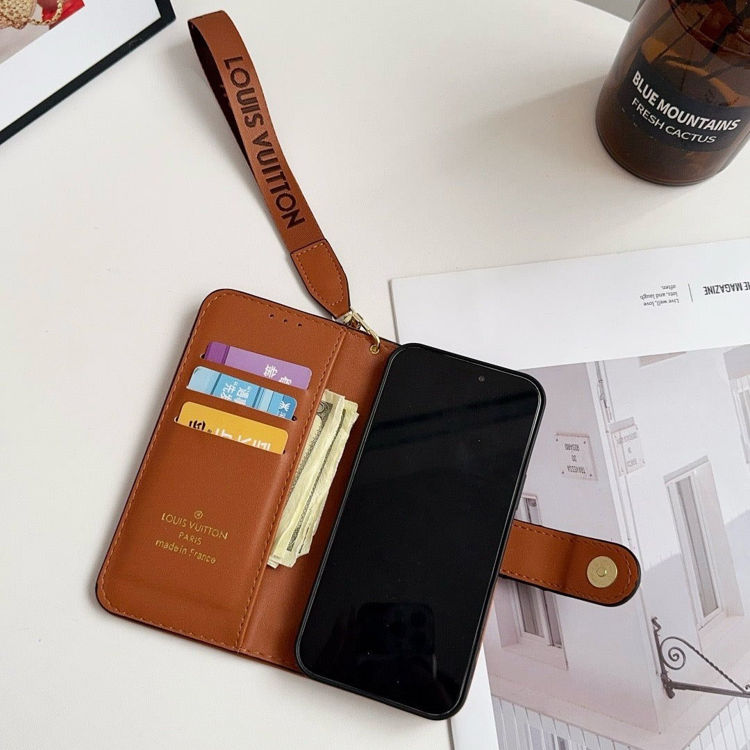 Custodia per iPhone di lusso con motivo a portafoglio con porta carte e cinturino