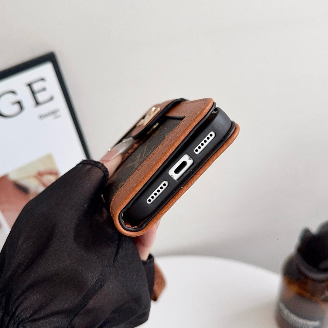 Custodia per iPhone di lusso con motivo a portafoglio con porta carte e cinturino